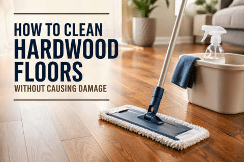 Homeowner cleaning hardwood floors with a microfiber mop using safe hardwood floor cleaning methods to protect the wood finish and maintain long-lasting beauty.